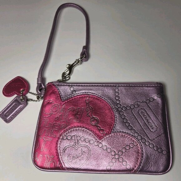 Coach Valentine Edition Wristlet Purple/Pink Metallic and Coach Heart & Hang Tag - Picture 4 of 5